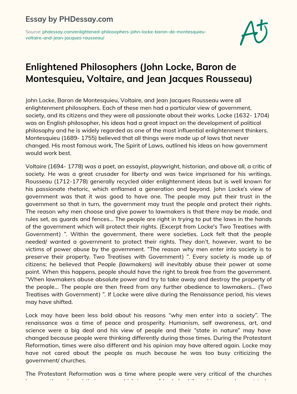 Enlightened Philosophers (John Locke, Baron de Montesquieu, Voltaire, and Jean Jacques Rousseau) essay