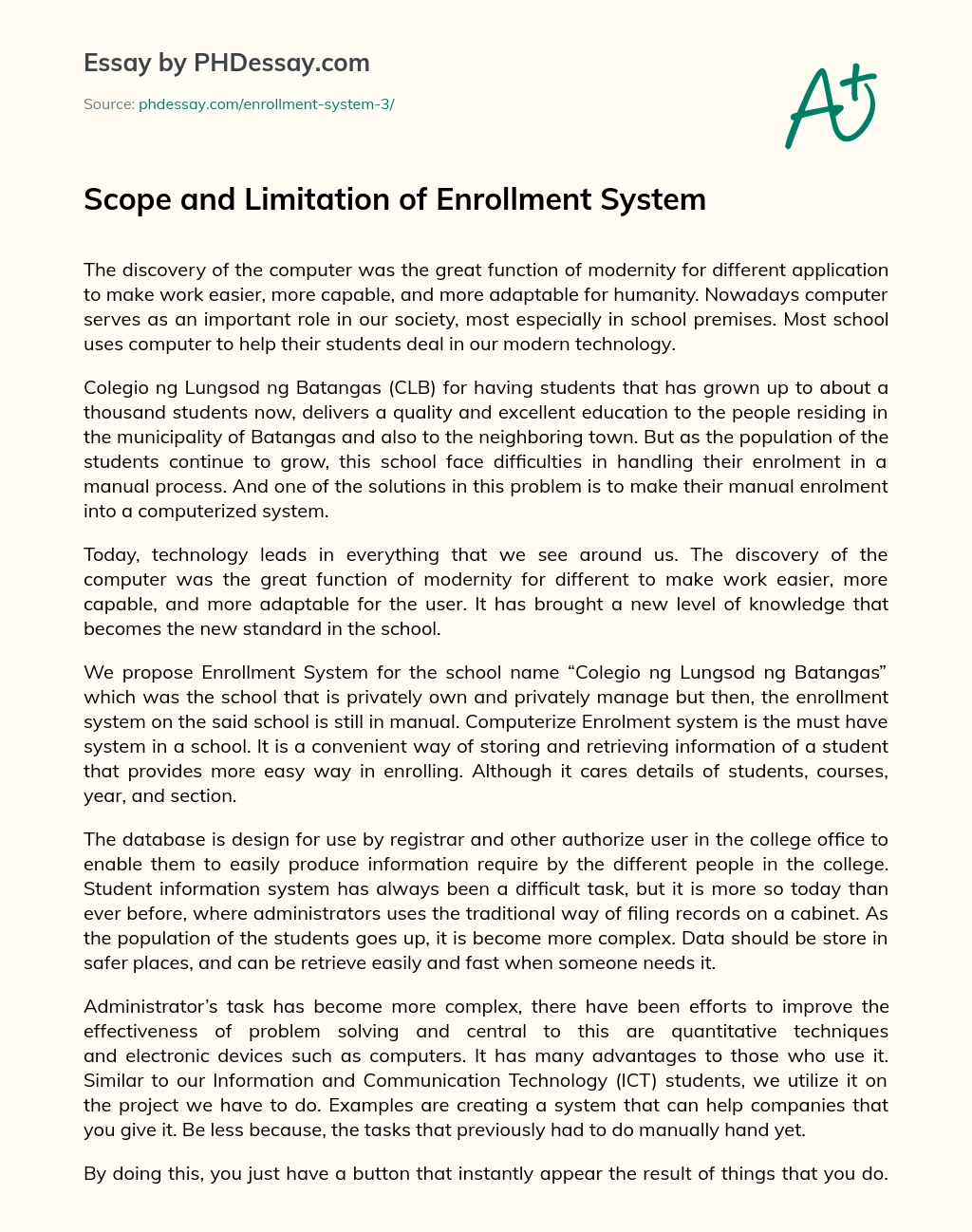 Scope and Limitation of Enrollment System essay