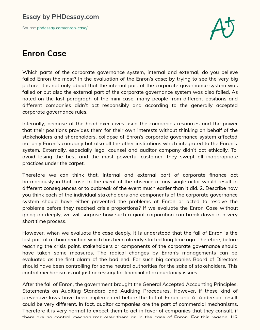 Failures in Enron’s Corporate Governance System: Internal and External Factors essay