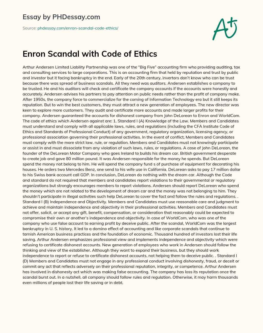 Enron Scandal with Code of Ethics essay