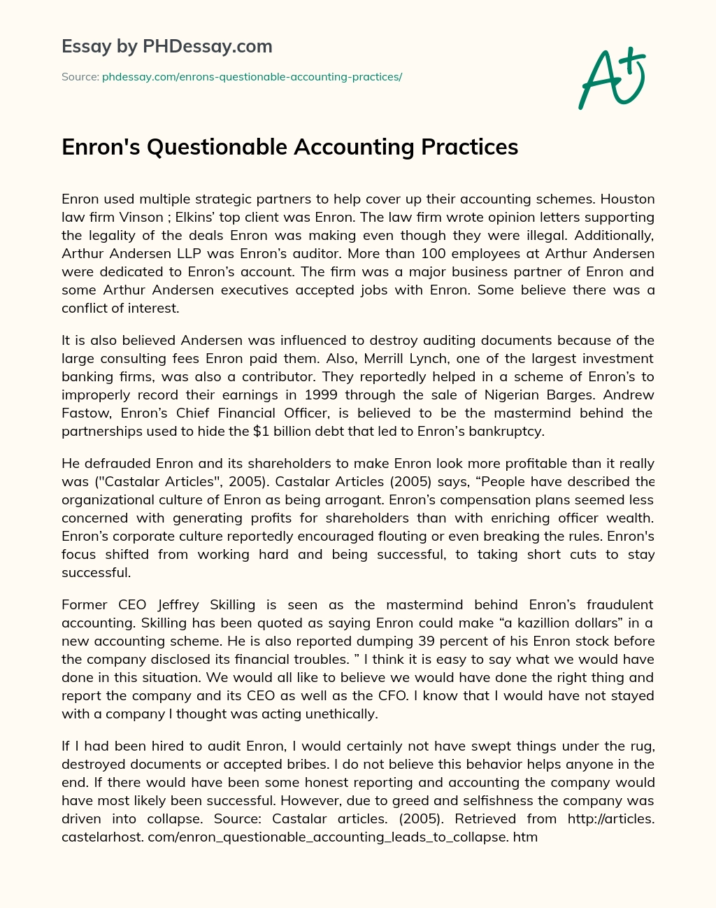 Enron’s Questionable Accounting Practices essay