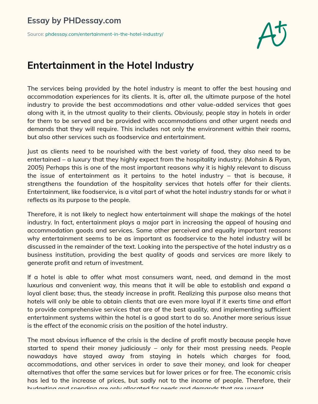 Entertainment in the Hotel Industry essay