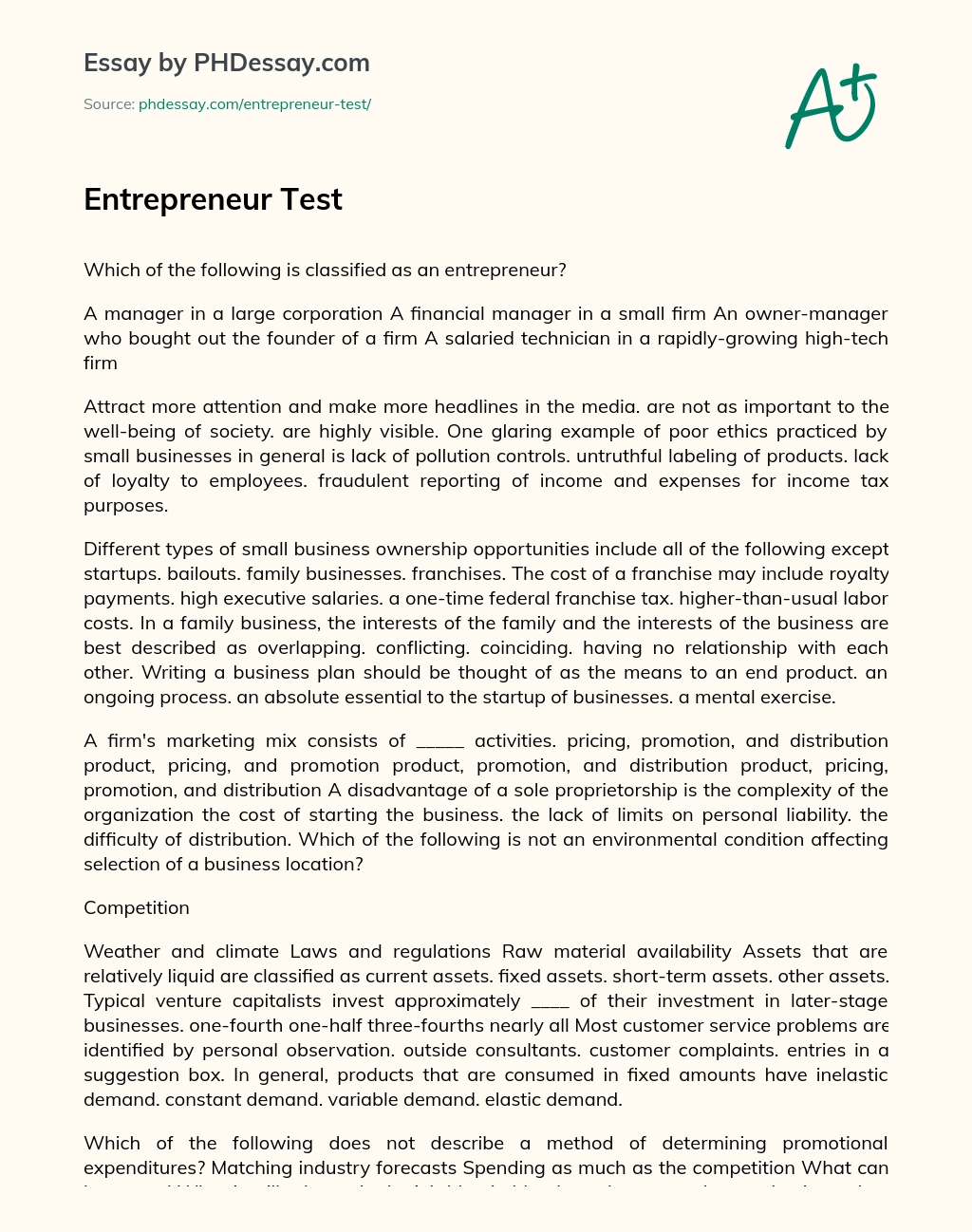 Entrepreneur Test essay