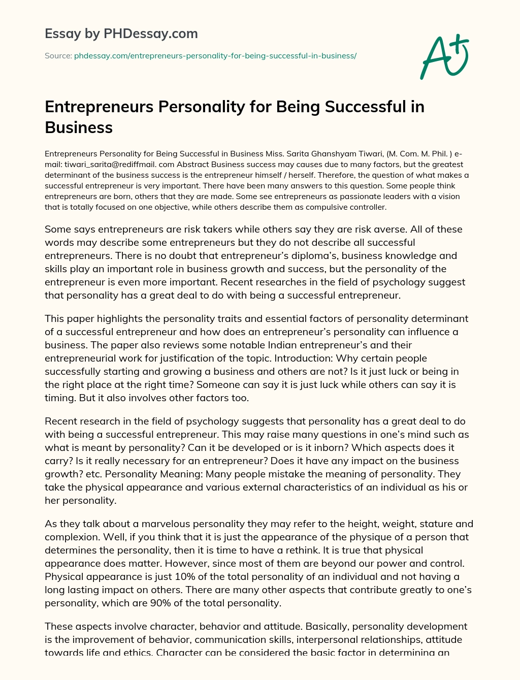 Entrepreneurs Personality for Being Successful in Business essay