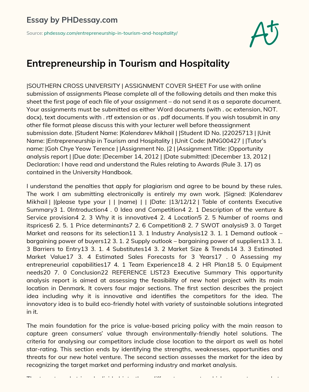 Entrepreneurship in Tourism and Hospitality essay