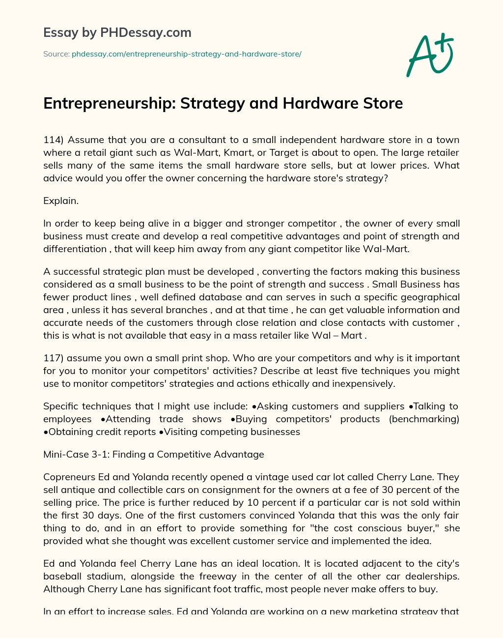 Entrepreneurship: Strategy and Hardware Store essay