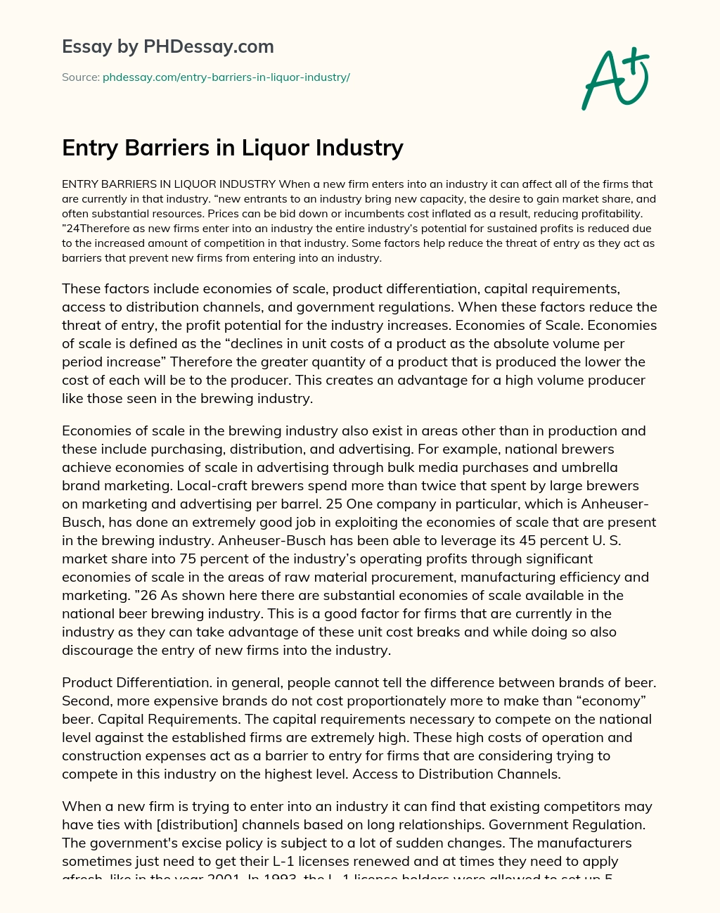 Entry Barriers in Liquor Industry essay