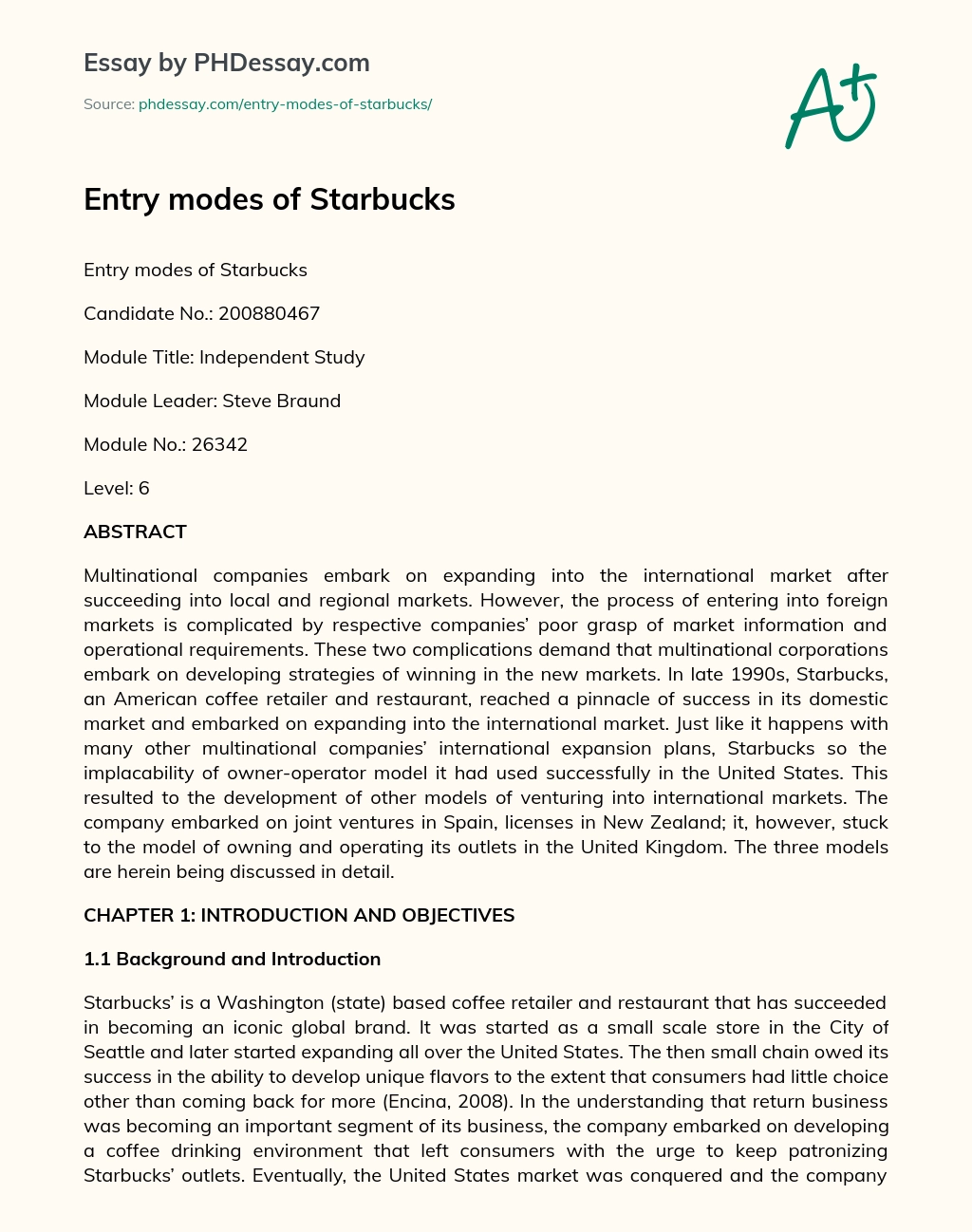 Entry modes of Starbucks essay