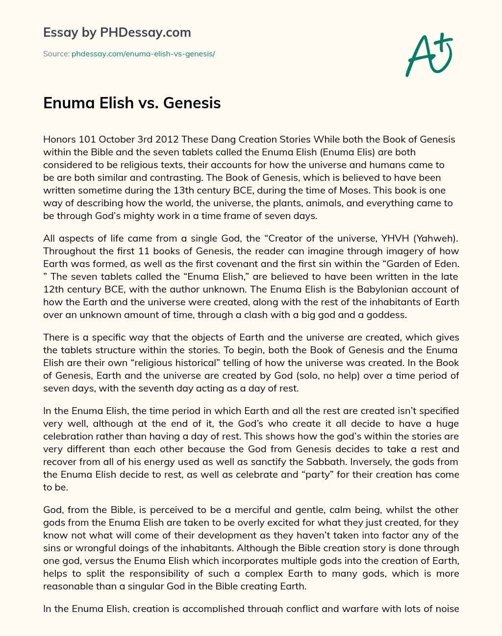 Enuma Elish vs. Genesis essay