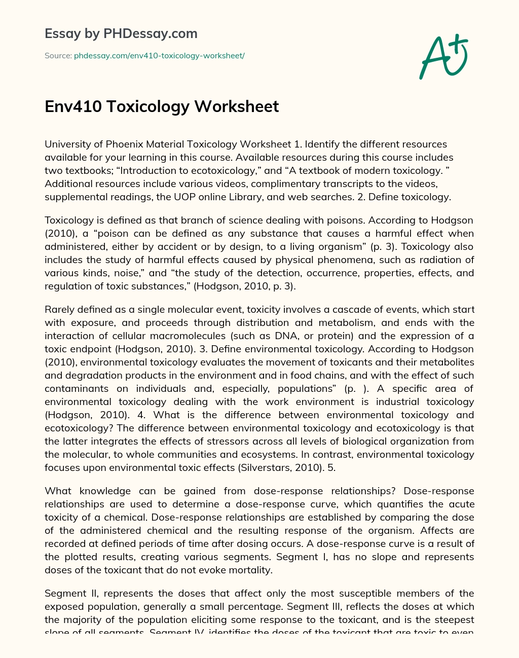 Env410 Toxicology Worksheet essay