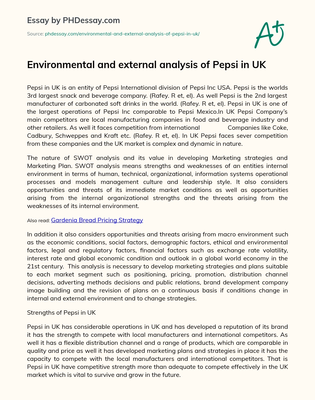 Environmental and external analysis of Pepsi in UK essay