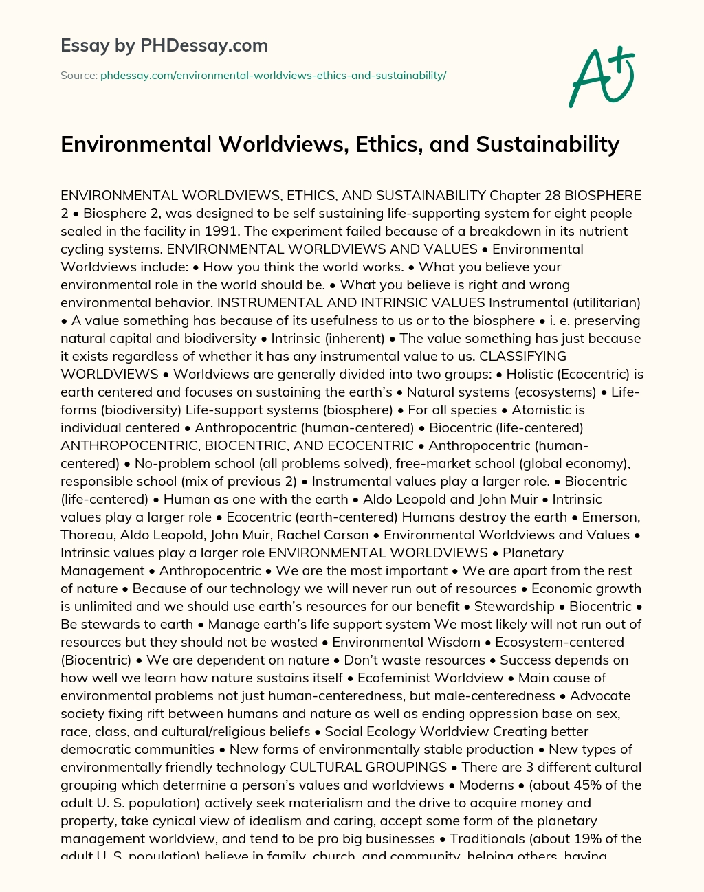 Environmental Worldviews, Ethics, and Sustainability essay