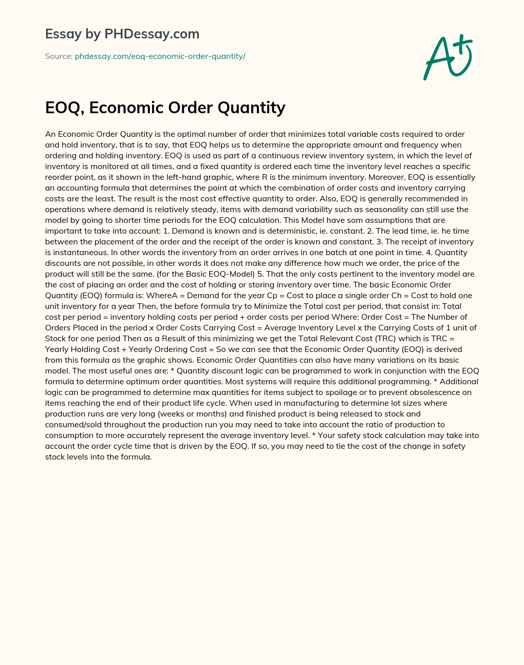 EOQ, Economic Order Quantity essay