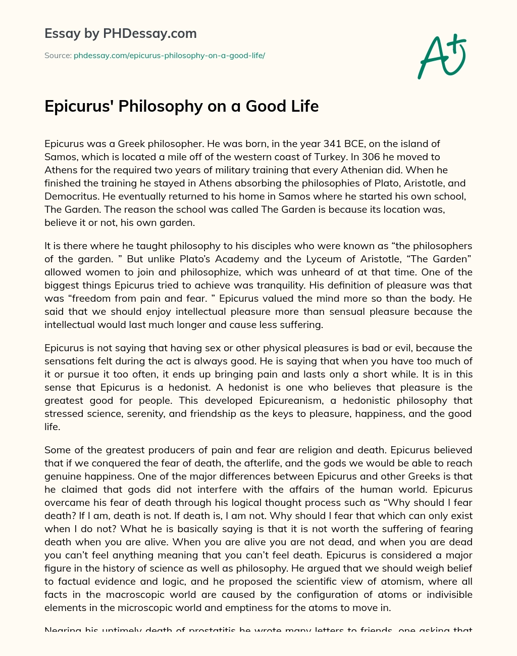 Epicurus’ Philosophy on a Good Life essay
