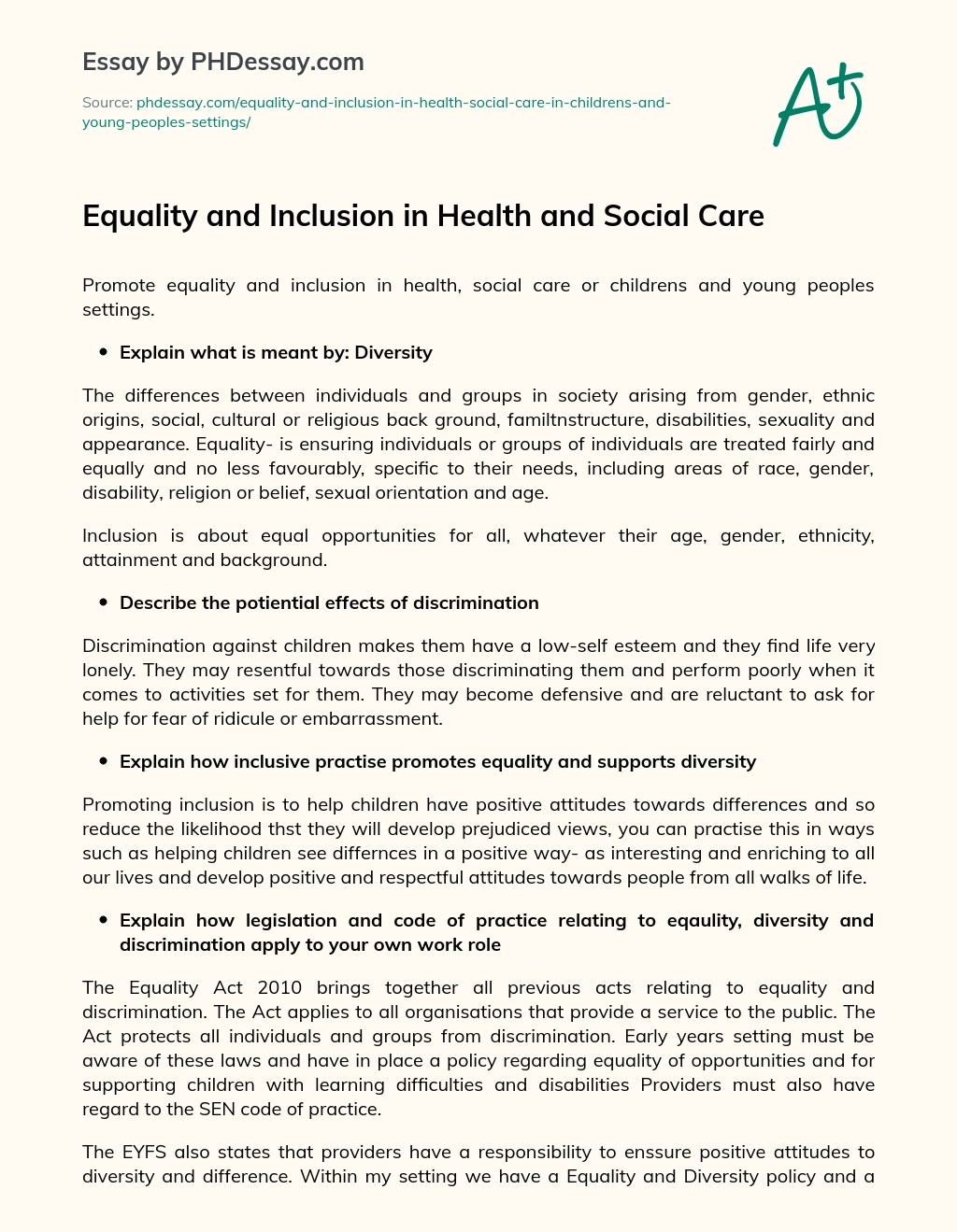 Equality and Inclusion in Health and Social Care essay