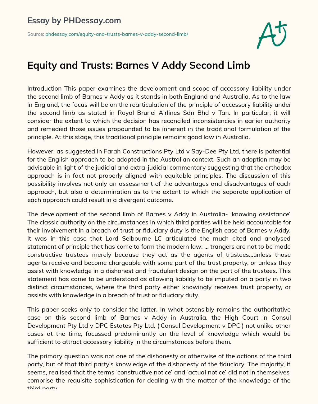 Equity and Trusts: Barnes V Addy Second Limb essay