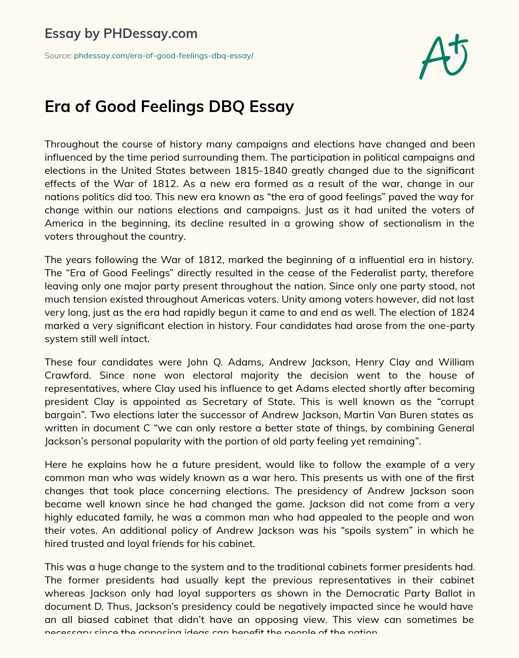 Era of Good Feelings DBQ Essay essay