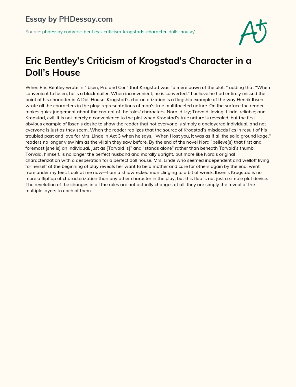 Eric Bentley’s Criticism of Krogstad’s Character in a Doll’s House essay