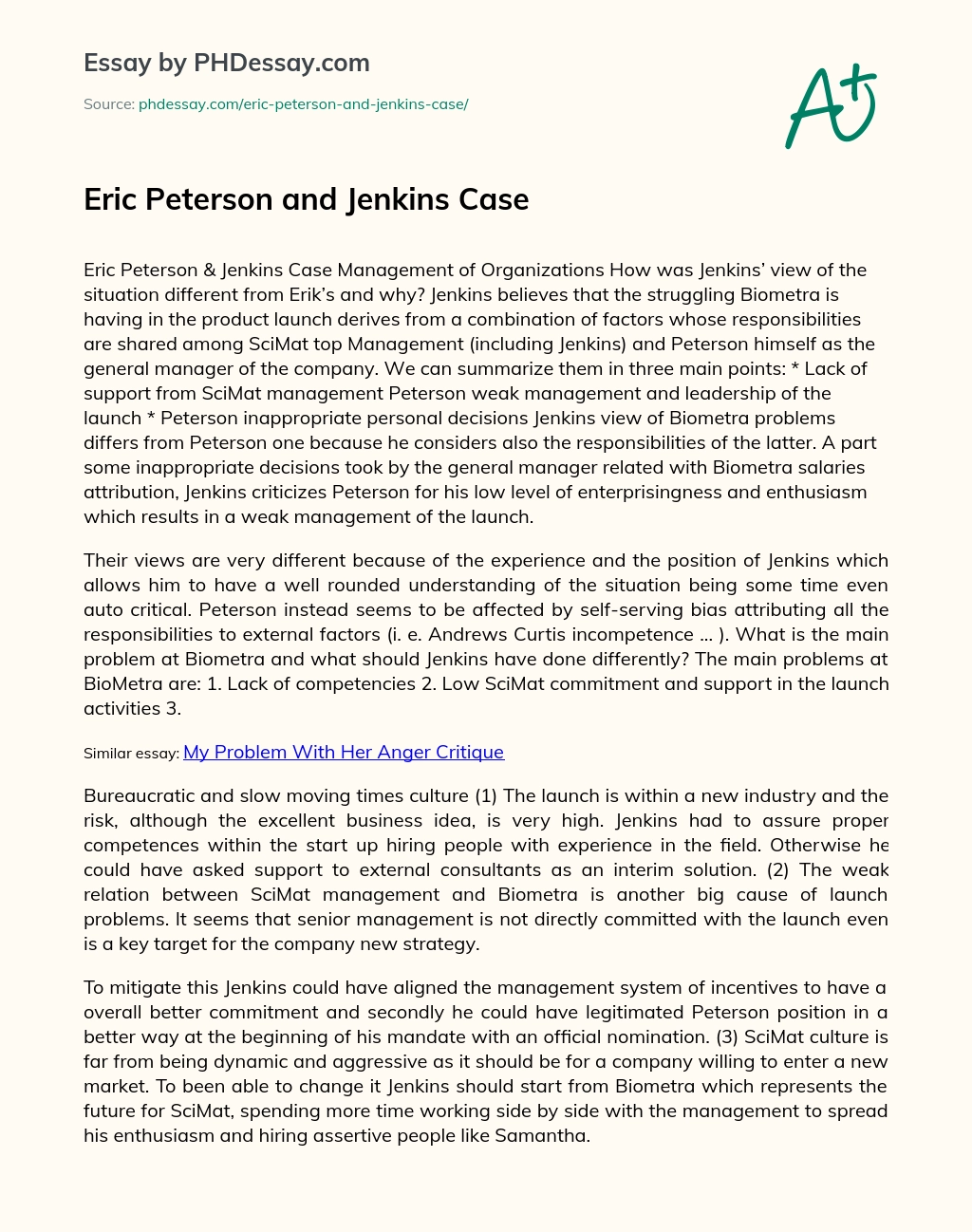 Eric Peterson and Jenkins Case essay