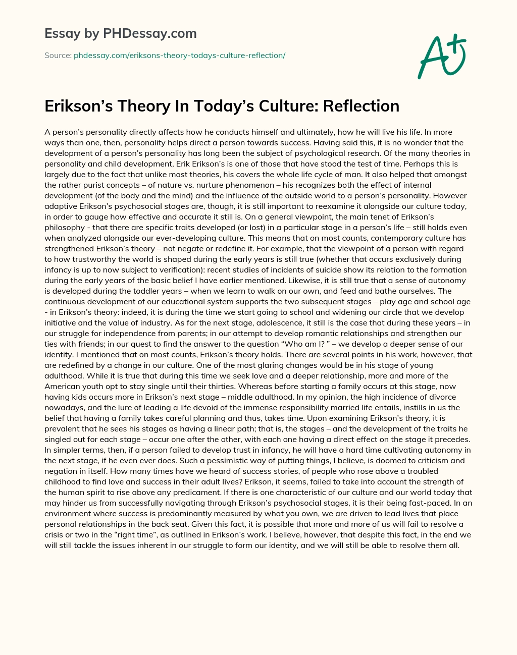 Erikson’s Theory In Today’s Culture: Reflection essay