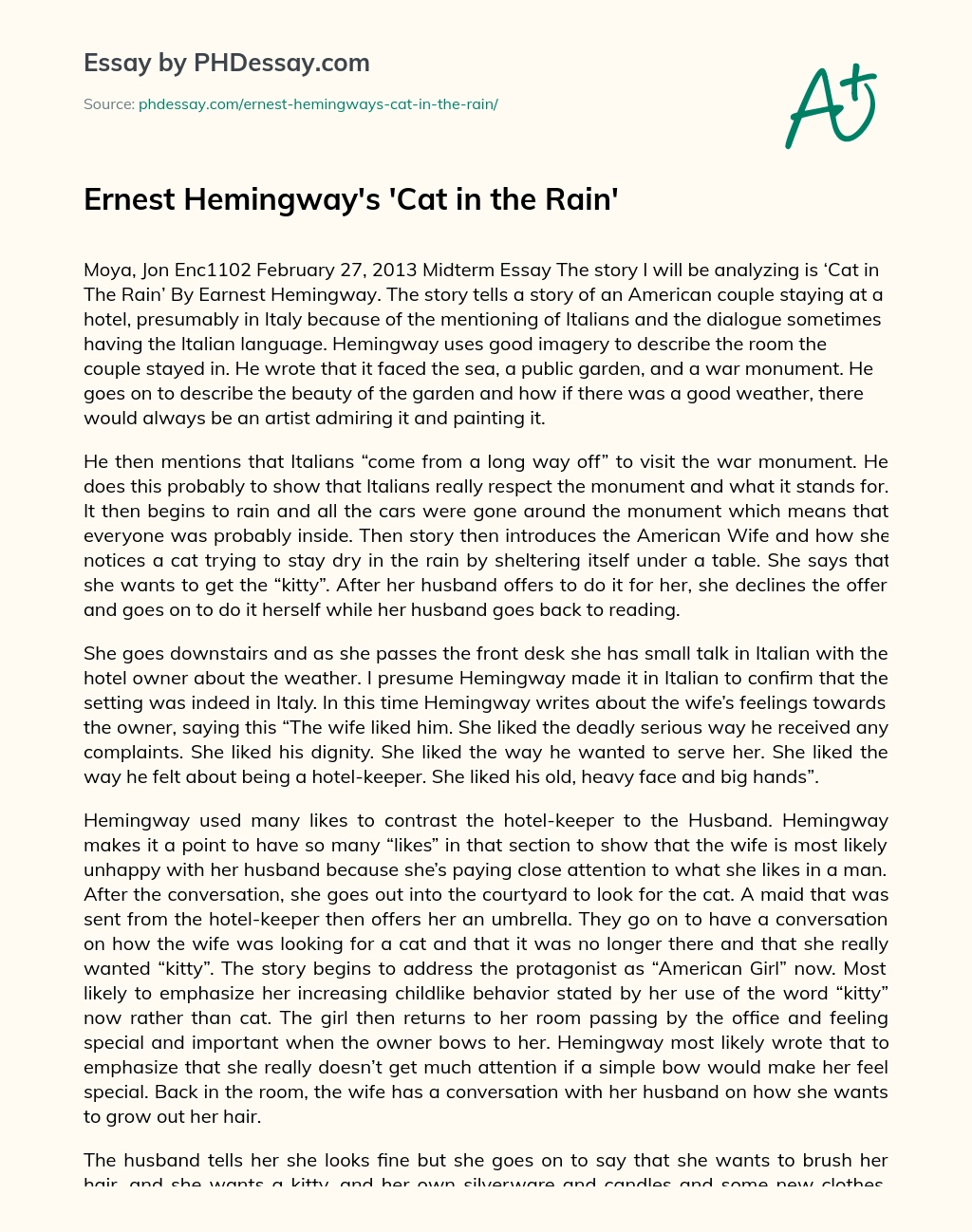 Ernest Hemingway’s ‘Cat in the Rain’ essay