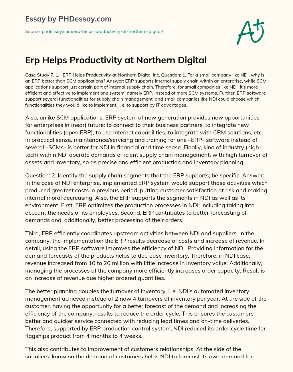 Erp Helps Productivity at Northern Digital essay