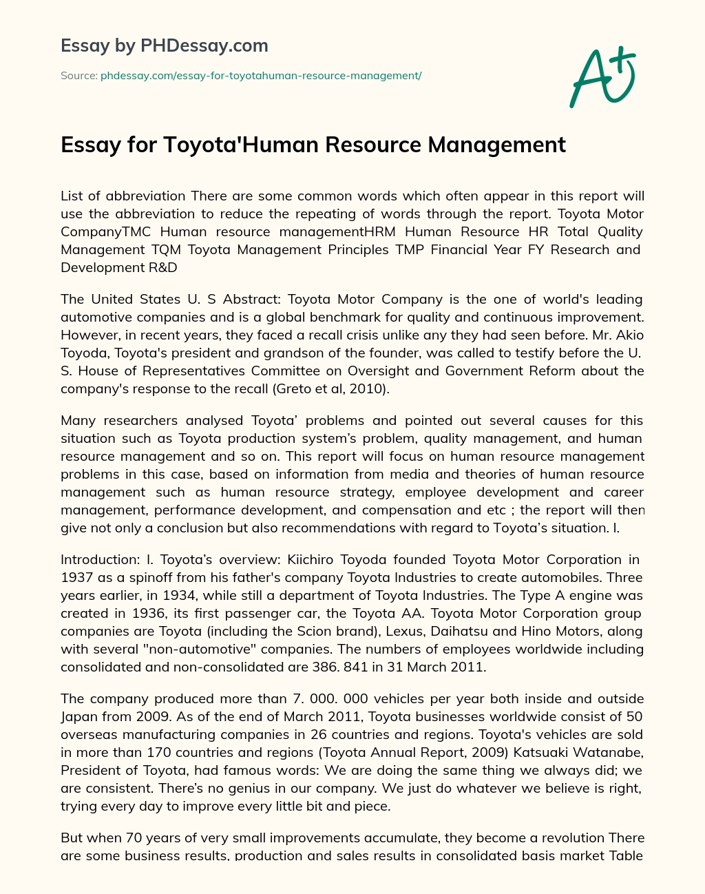 Essay for Toyota’Human Resource Management essay