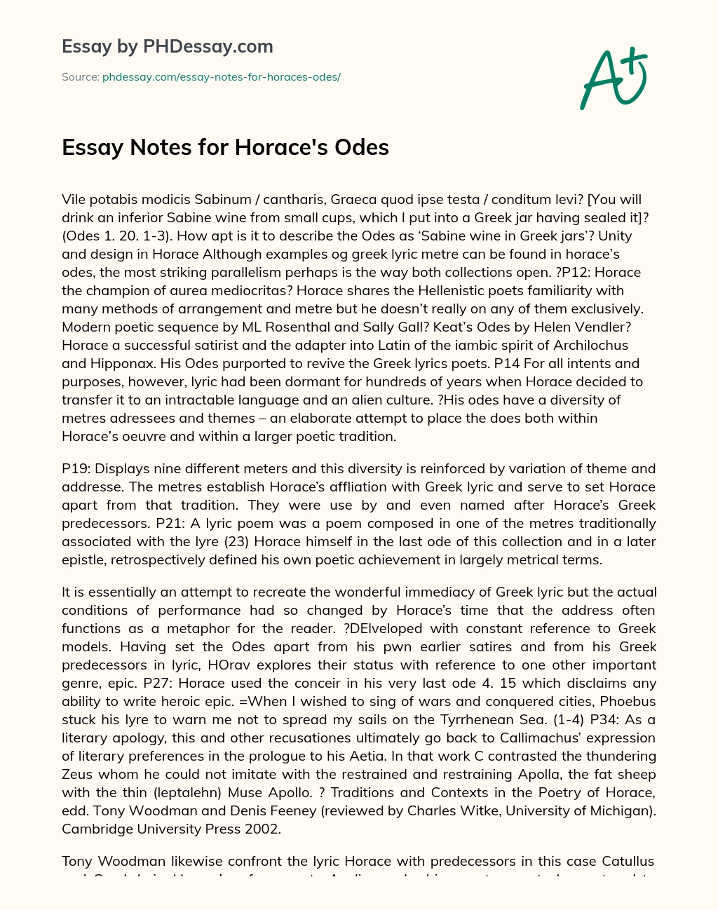 Essay Notes for Horace’s Odes essay