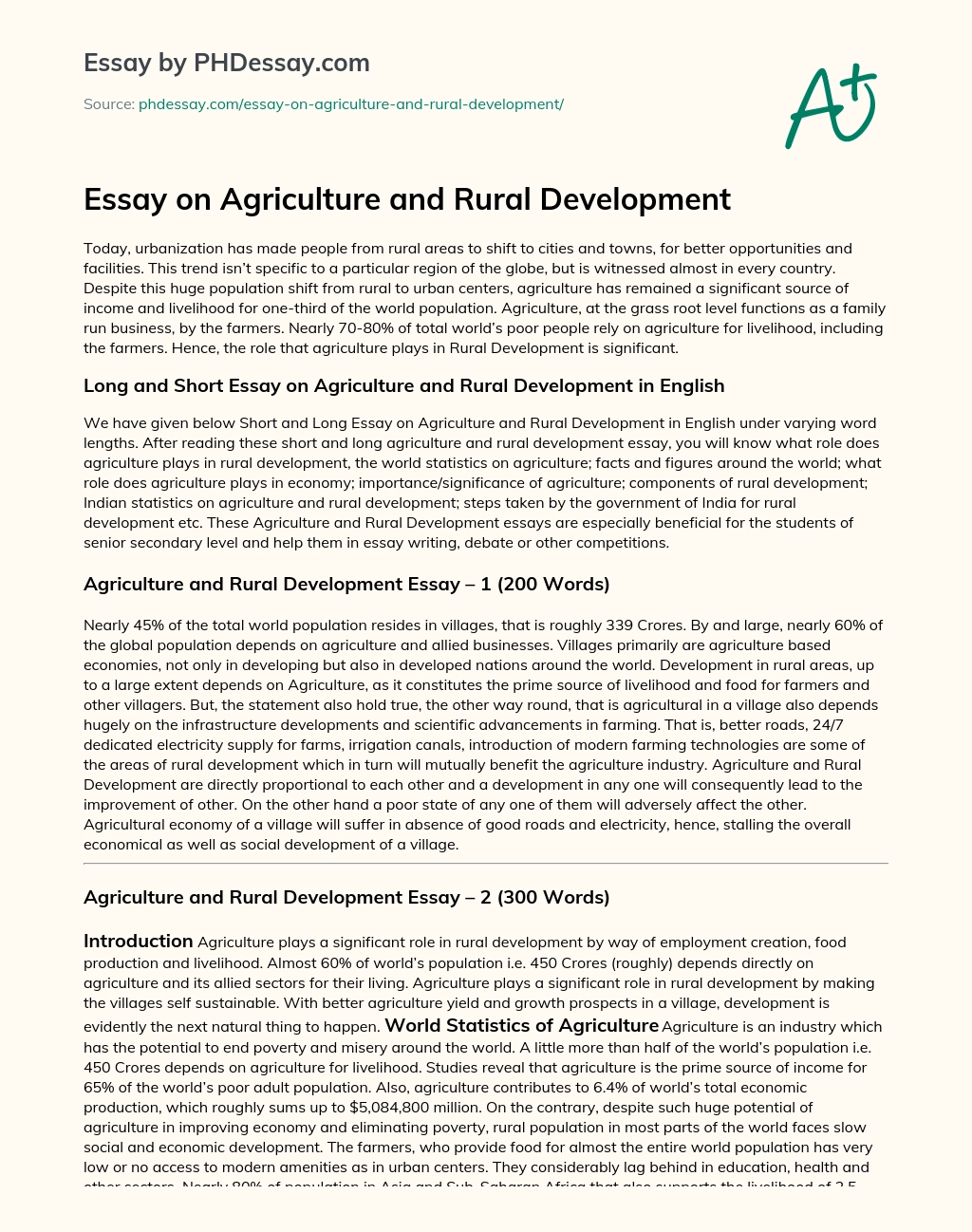 Essay on Agriculture and Rural Development essay