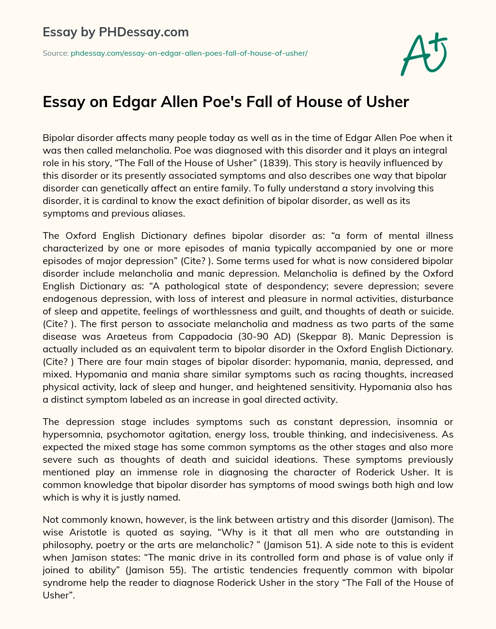 Essay on Edgar Allen Poe’s Fall of House of Usher essay