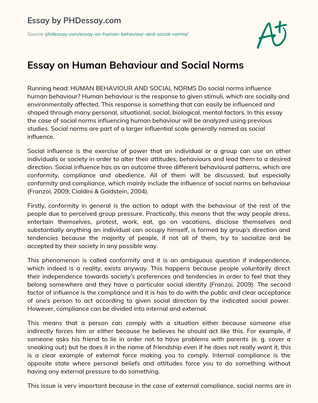 Essay on Human Behaviour and Social Norms essay