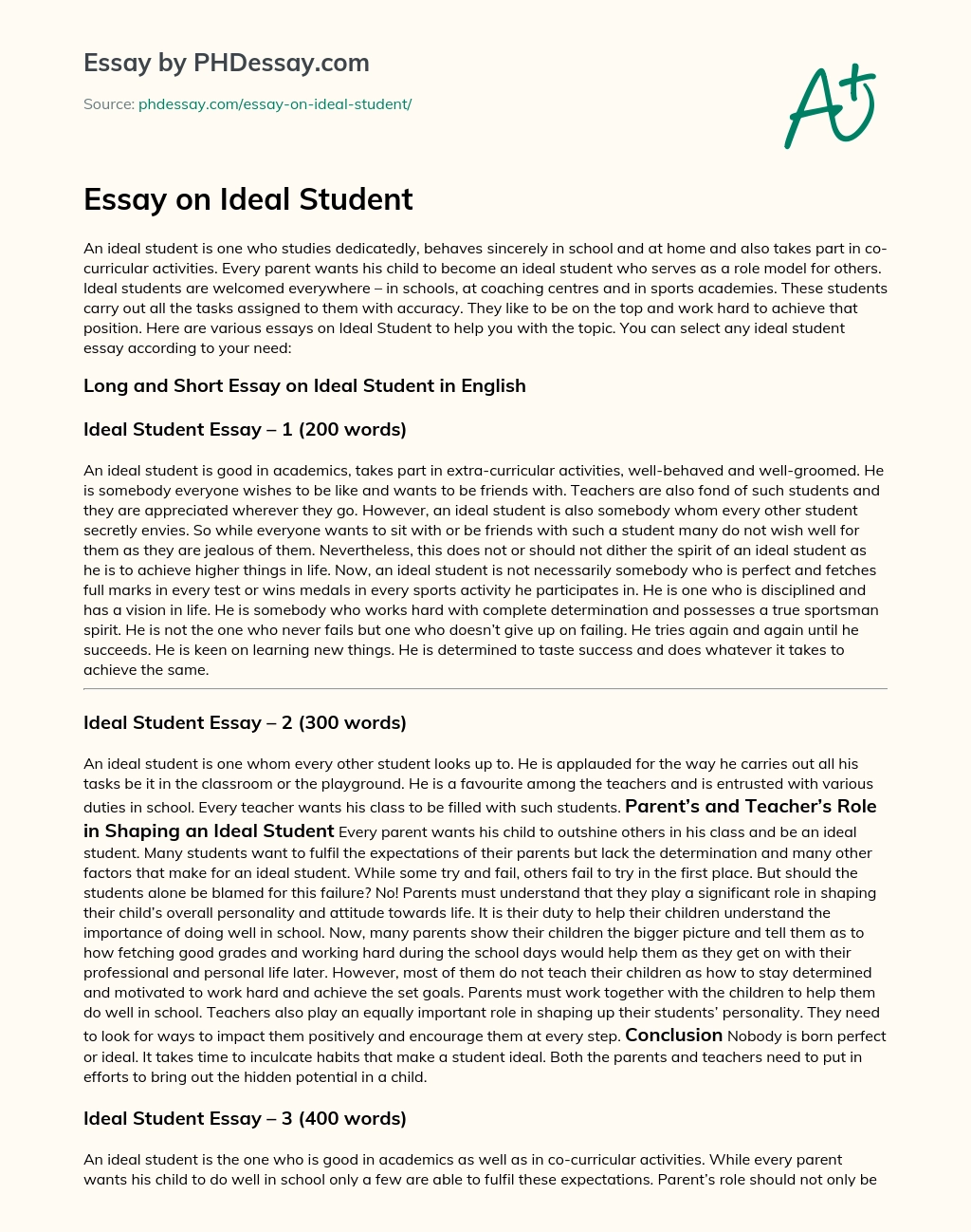 an ideal student essay for 2nd year