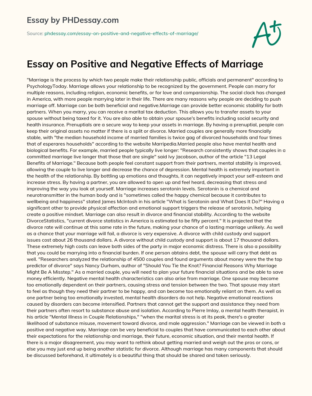 Essay on Positive and Negative Effects of Marriage essay