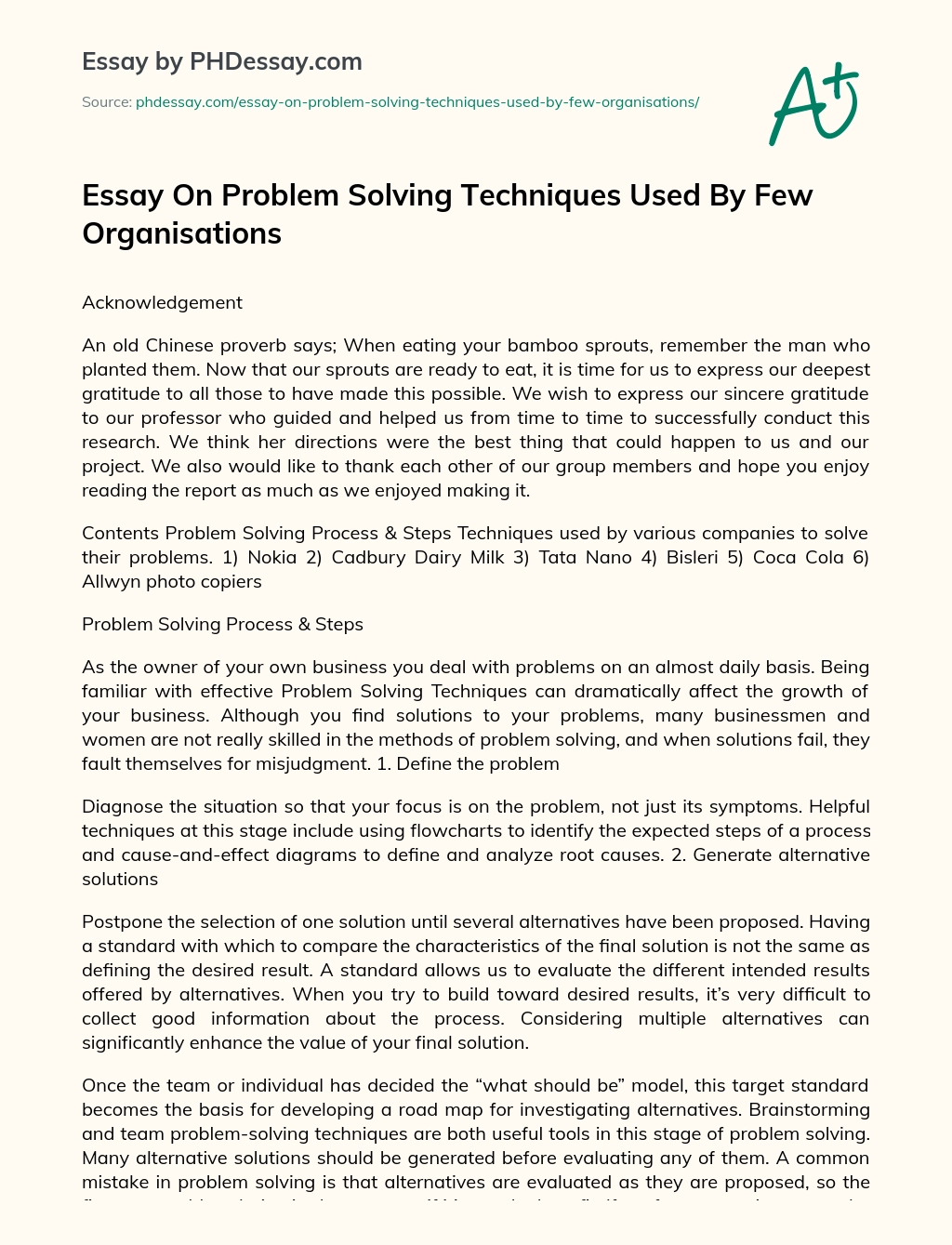 Essay On Problem Solving Techniques Used By Few Organisations essay
