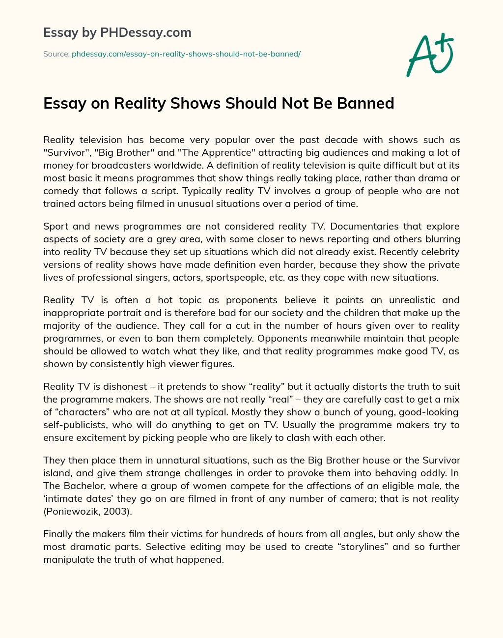 Essay on Reality Shows Should Not Be Banned essay