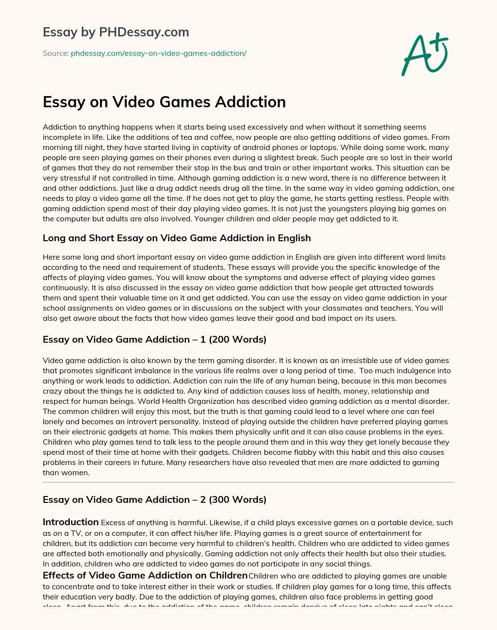 Essay On Video Games Addiction Cause And Effect Sample - 150, 200, 400  Words 