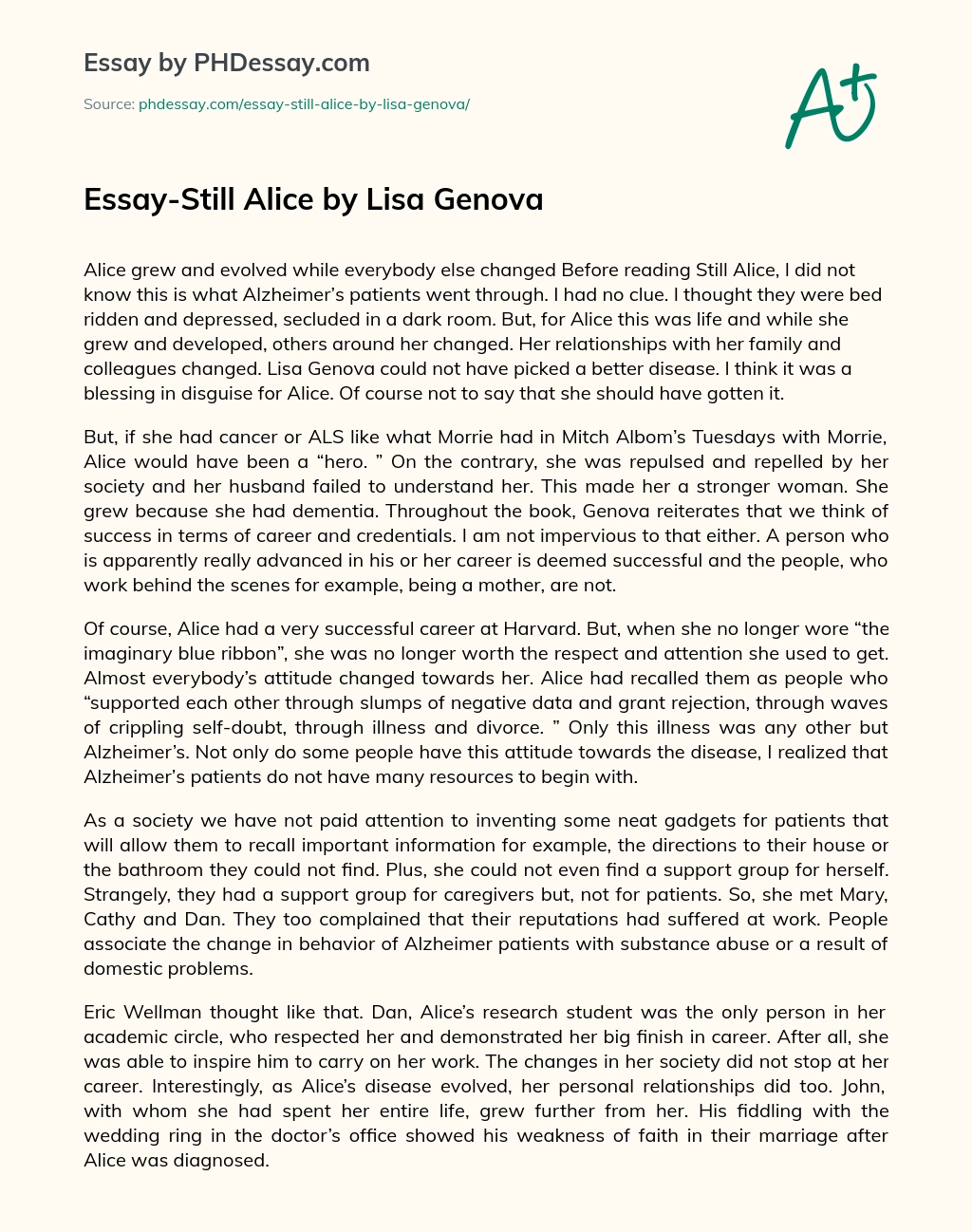 Essay-Still Alice by Lisa Genova essay