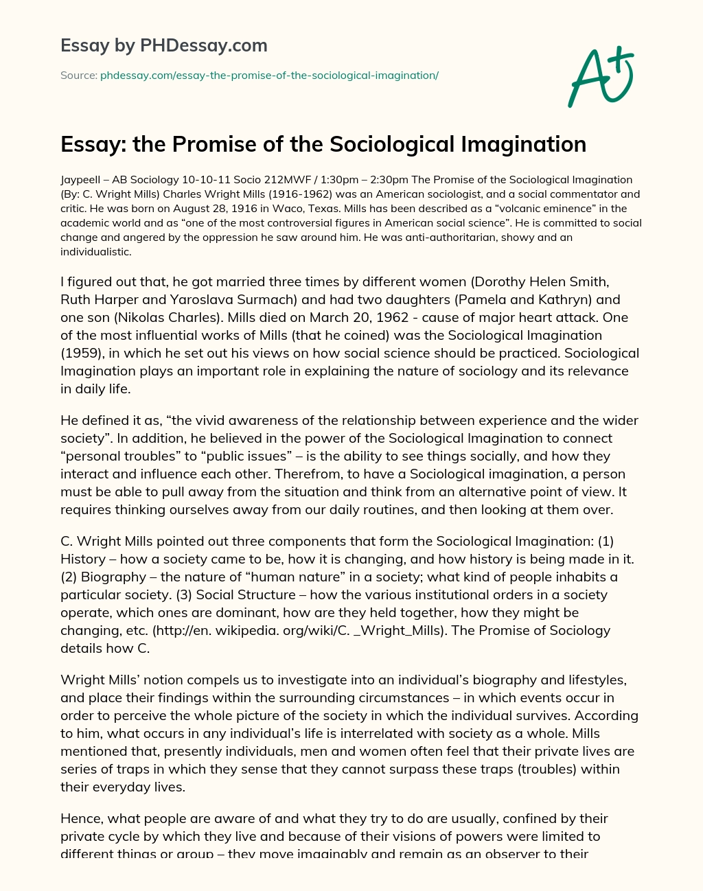 Essay: the Promise of the Sociological Imagination essay