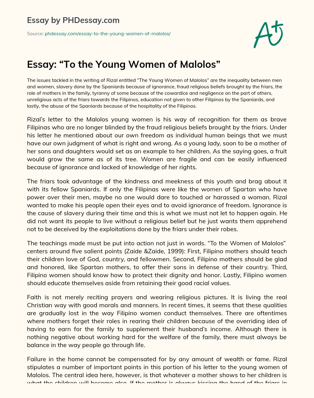 Essay: “To the Young Women of Malolos” essay