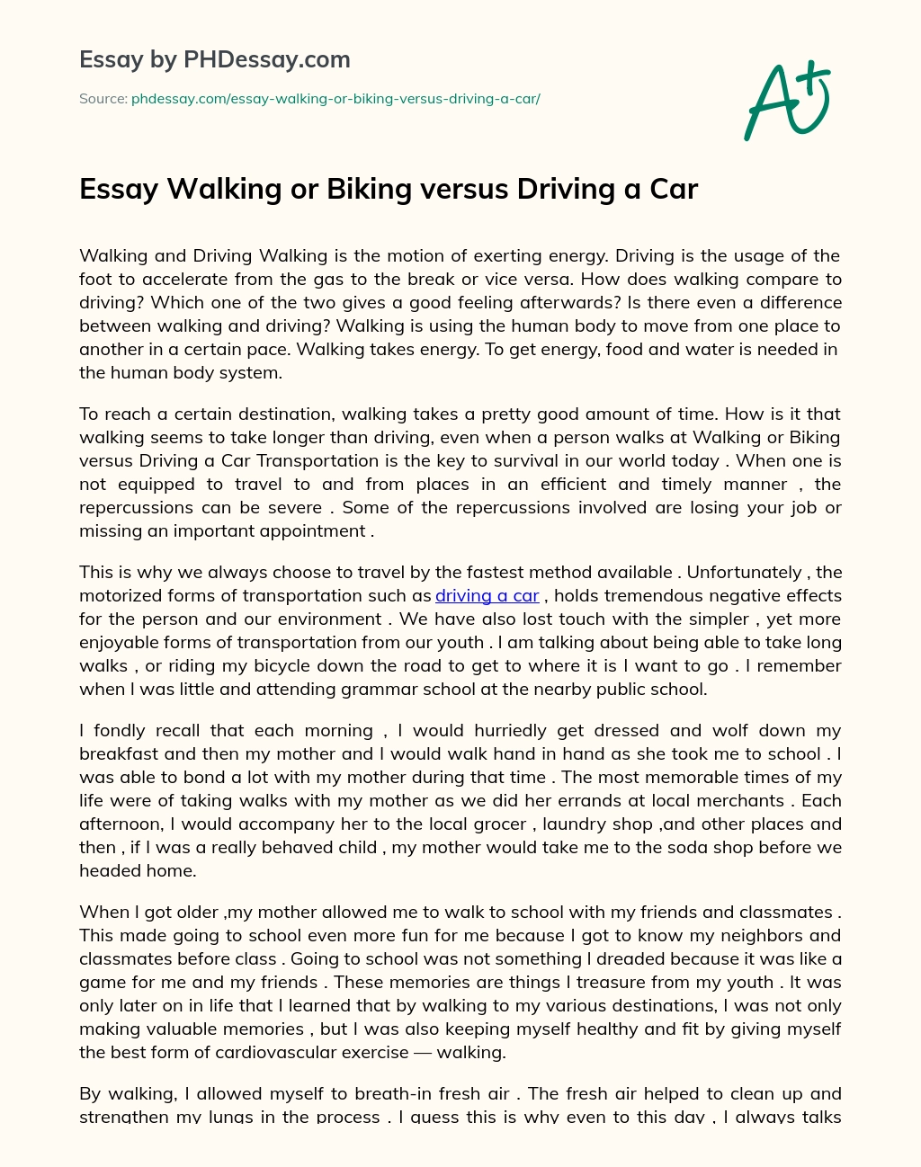 Essay Walking or Biking versus Driving a Car essay