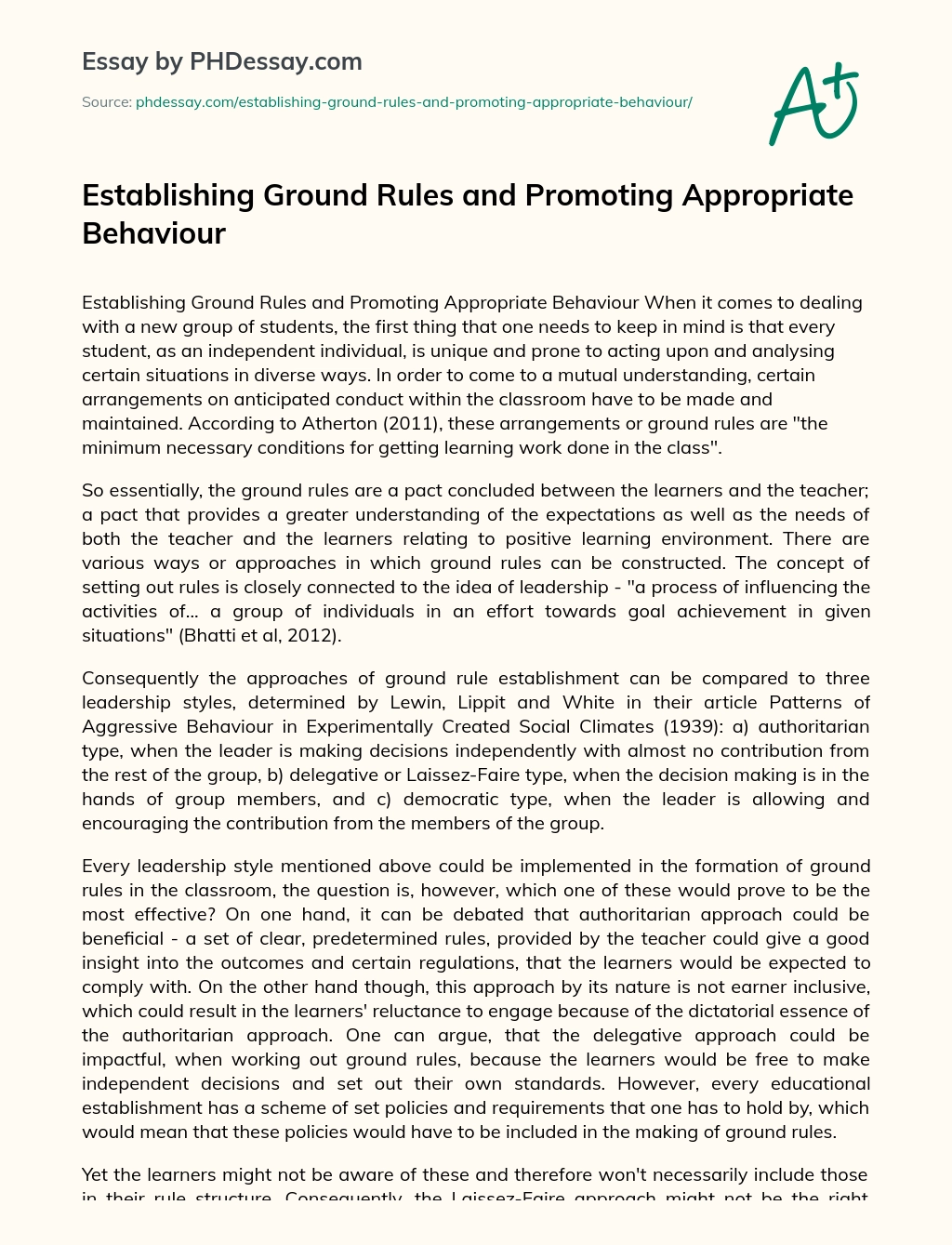 Establishing Ground Rules and Promoting Appropriate Behaviour essay