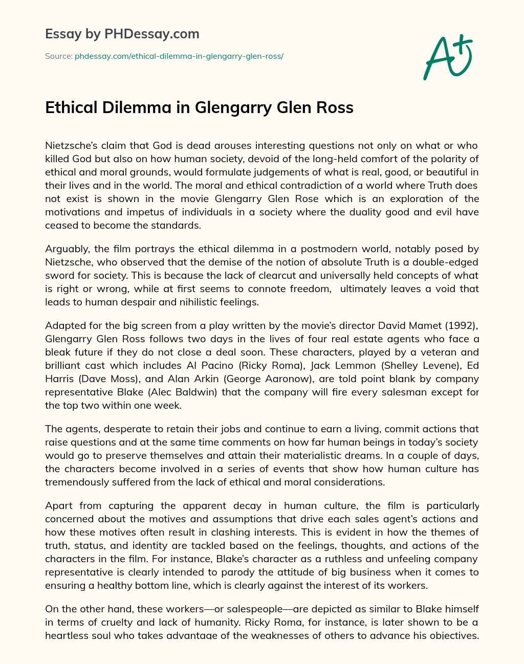 Ethical Dilemma in Glengarry Glen Ross essay