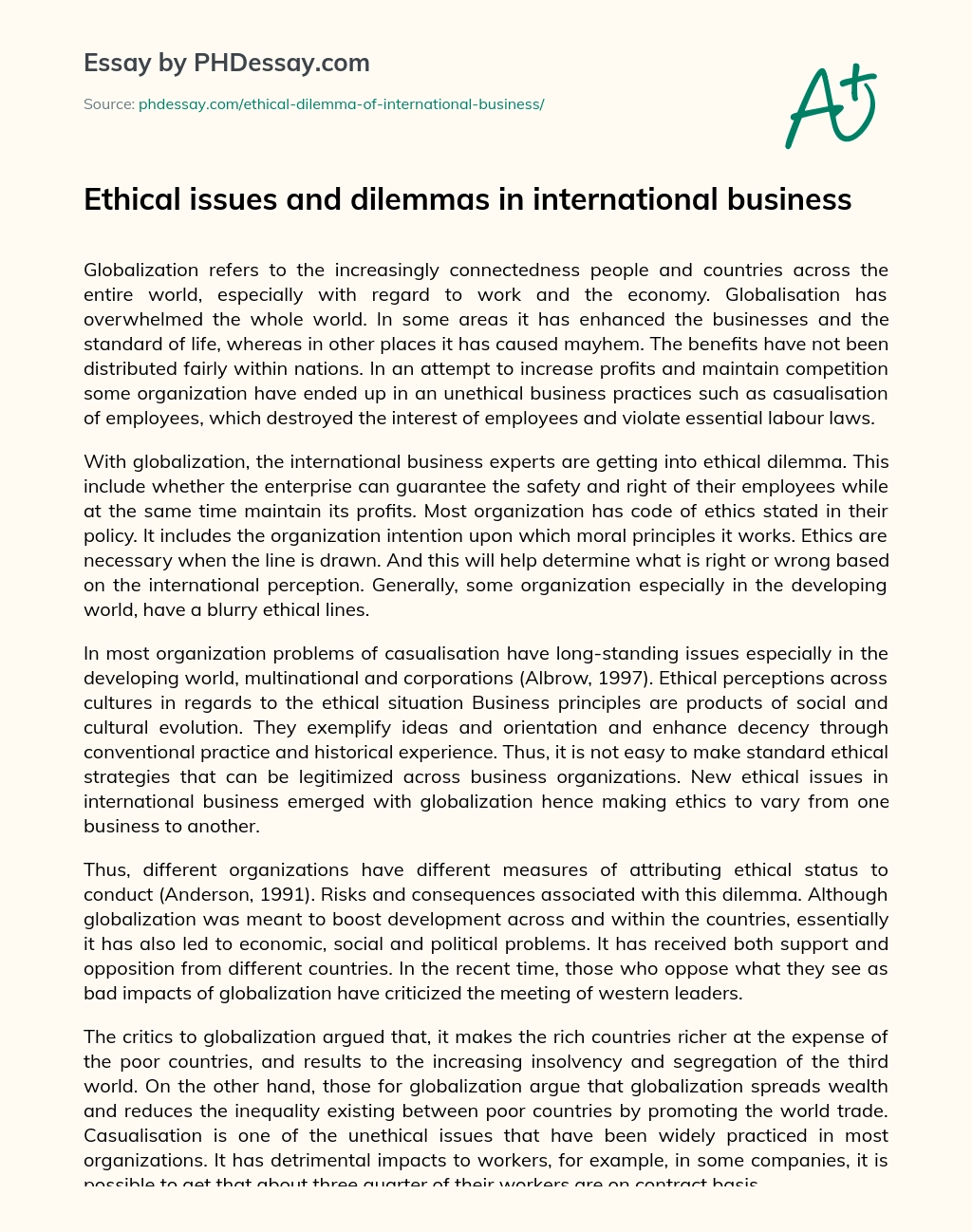 Ethical issues and dilemmas in international business essay