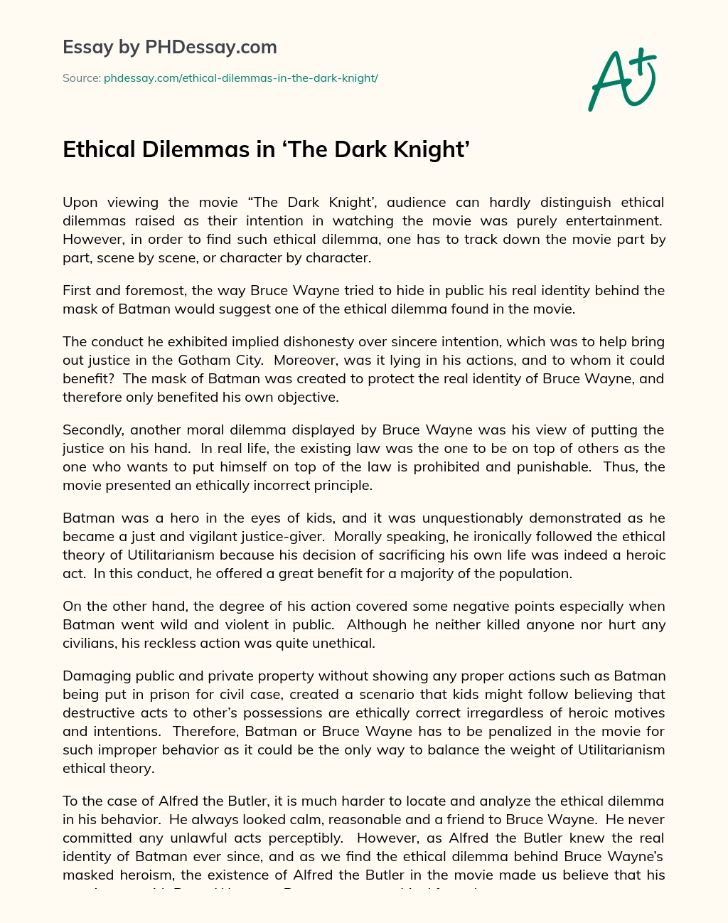 Ethical Dilemmas in ‘The Dark Knight’ essay