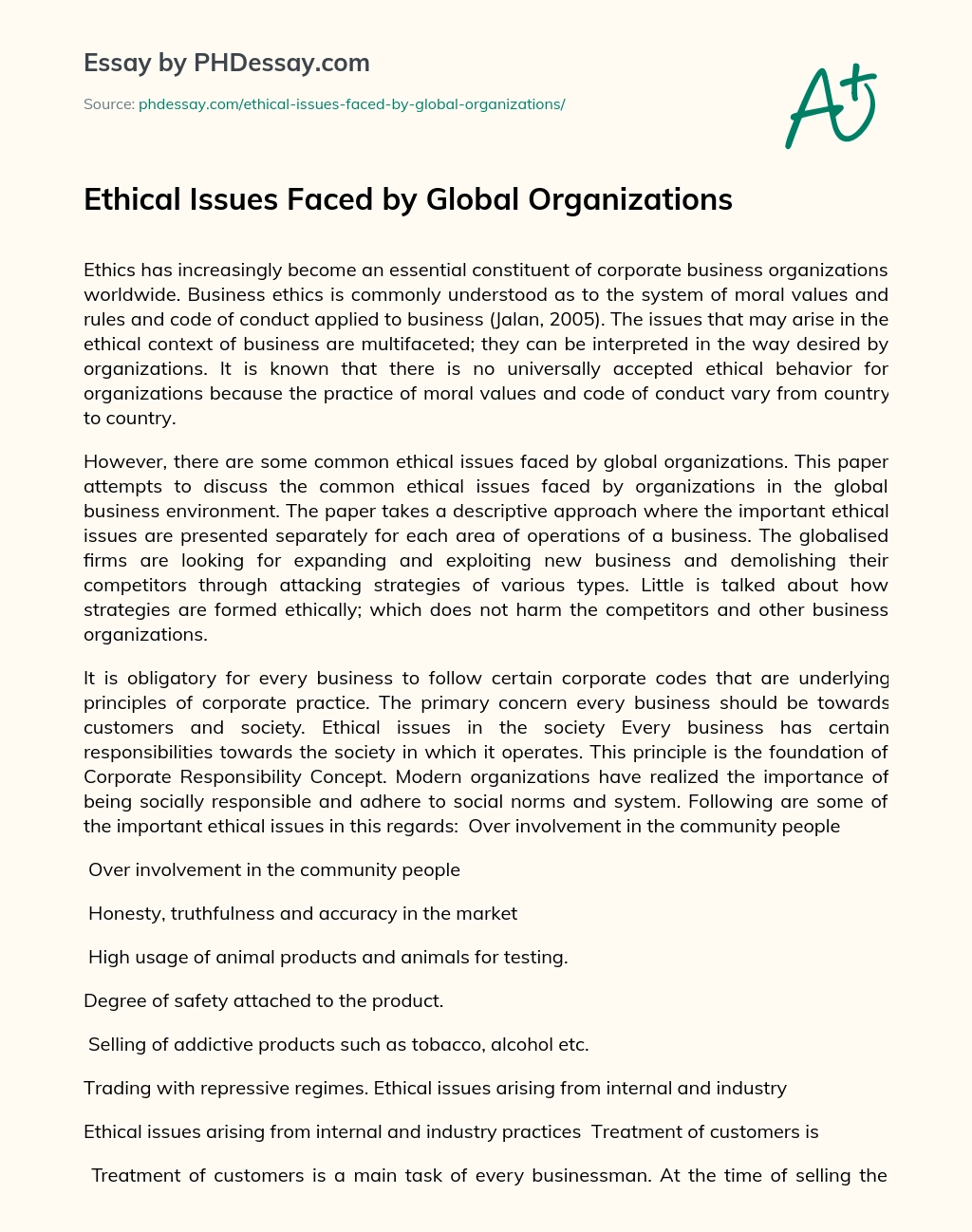 Ethical Issues Faced by Global Organizations essay