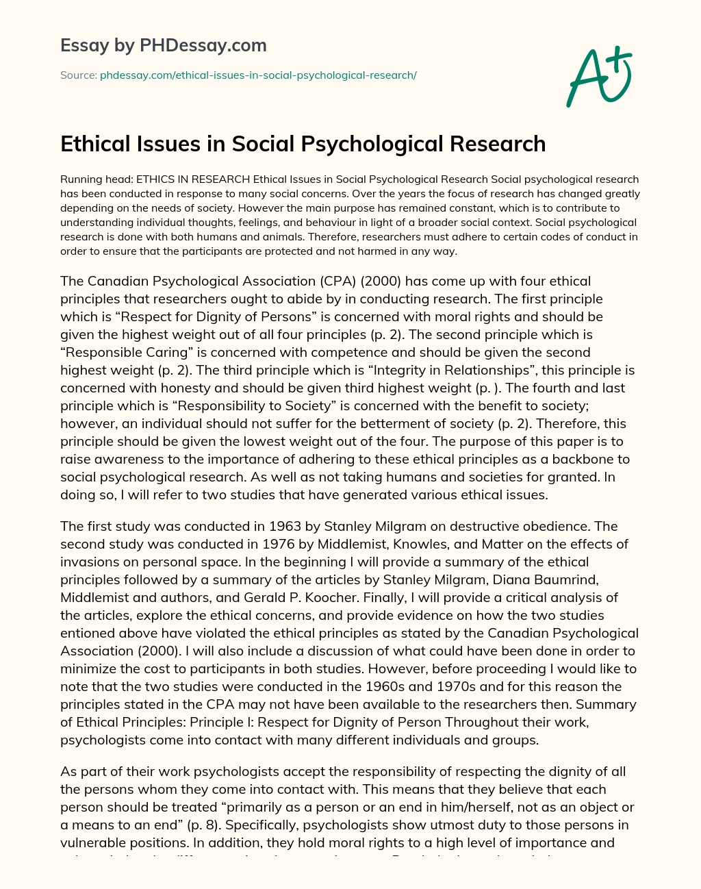 Ethical Issues in Social Psychological Research essay