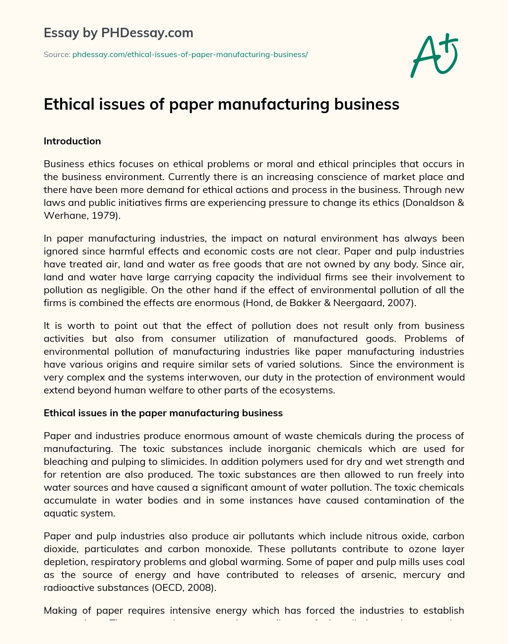 Ethical Issues of Paper Manufacturing Business essay