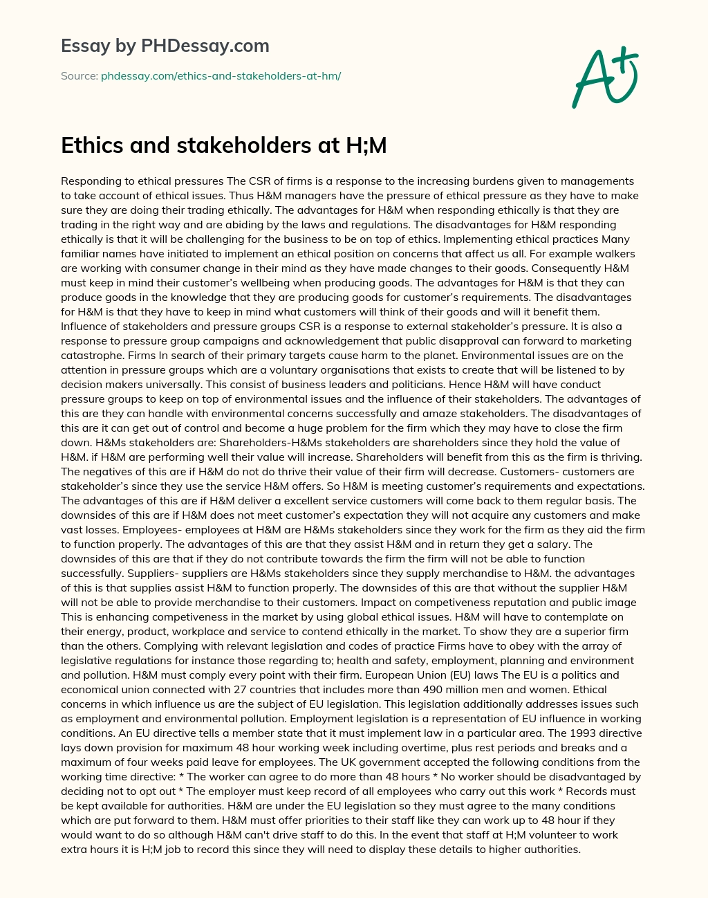 Ethics and stakeholders at H;M essay