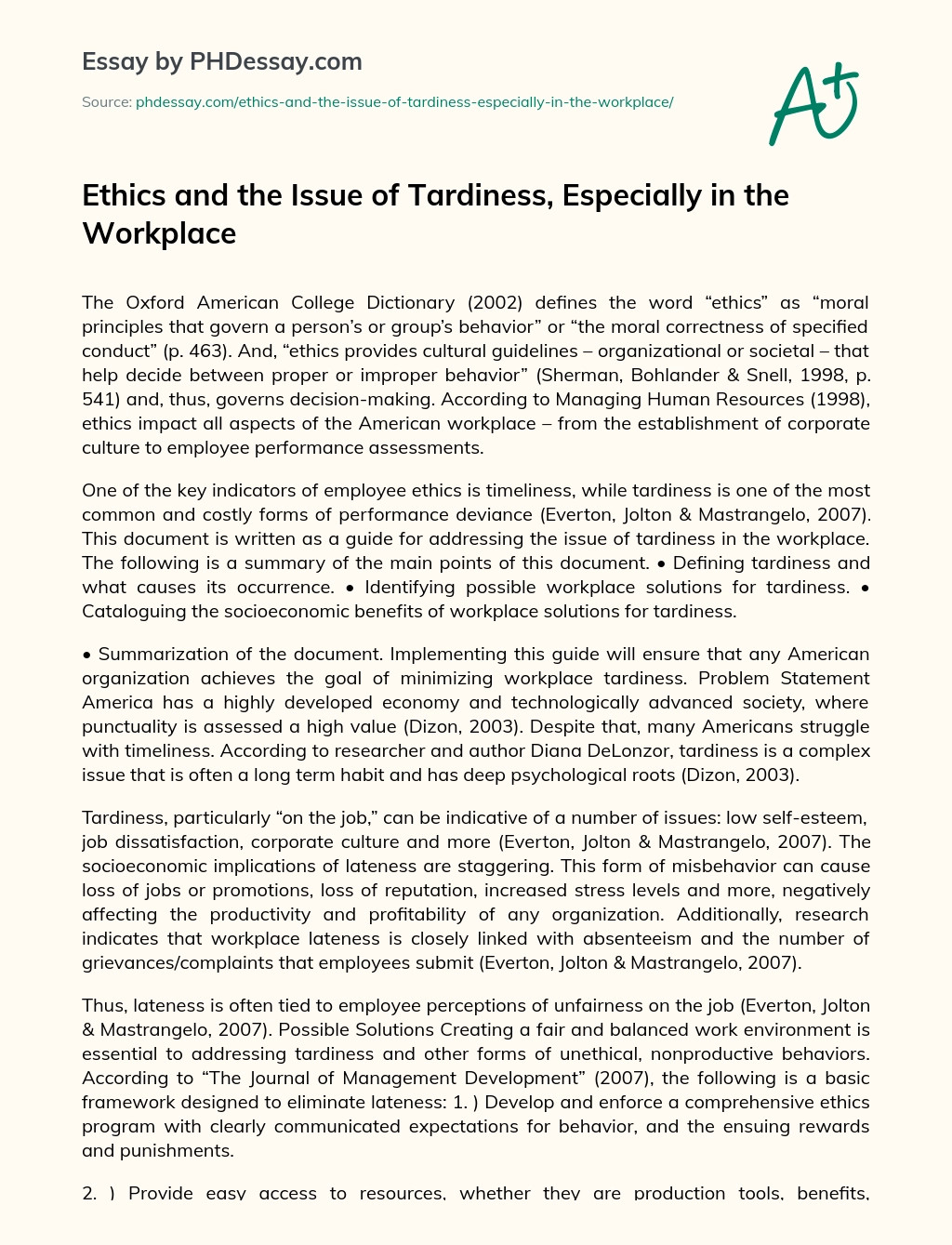 Ethics and the Issue of Tardiness, Especially in the Workplace essay