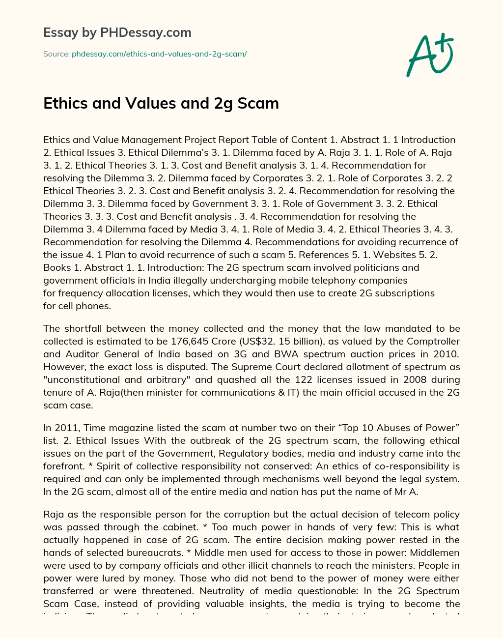 Ethics and Values and 2G Scam essay
